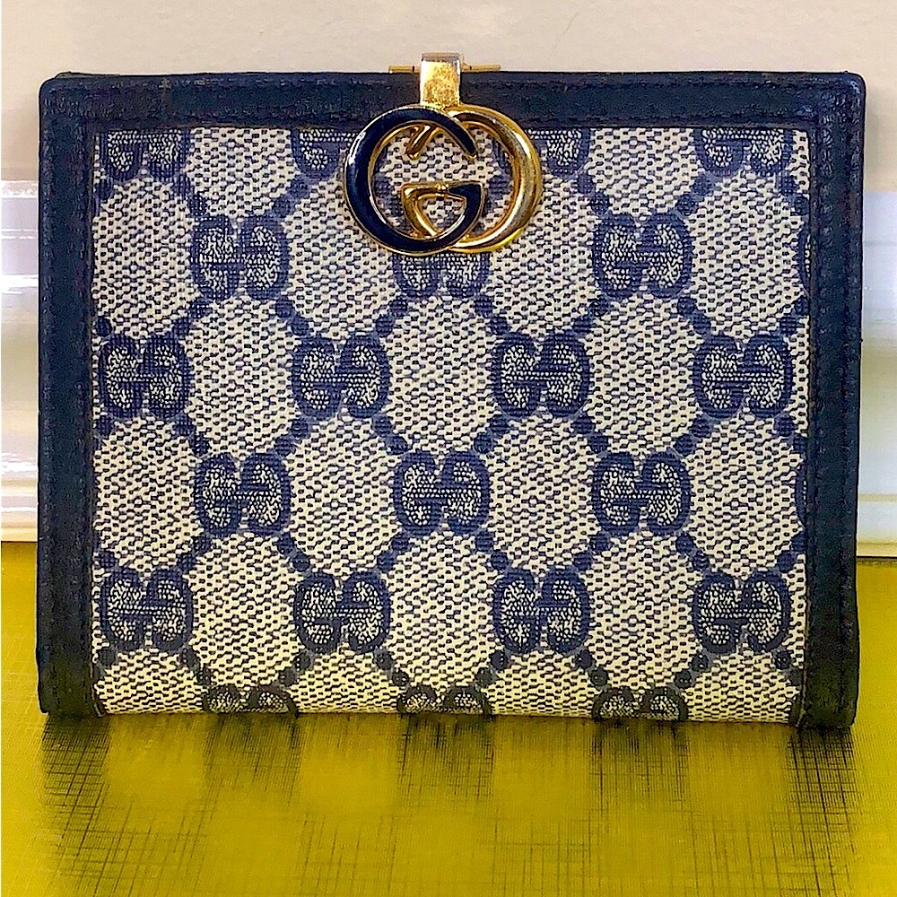 GUCCI GG Monogram Navy Blue Leather Coated Canvas Compact Bifold Wallet Vintage